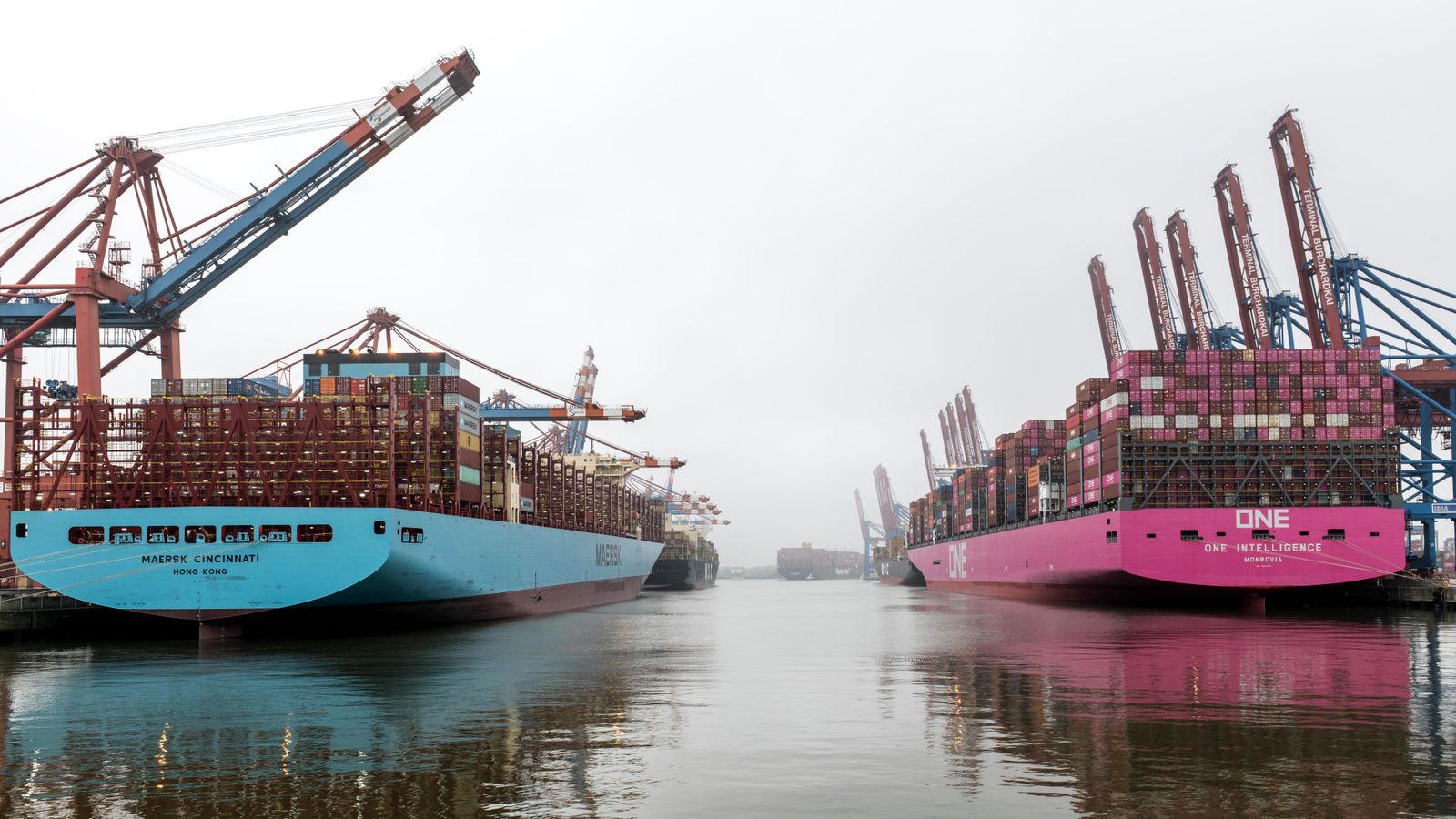 Puerto con contenedores y grúas de carga que representa el comercio internacional afectado por los aranceles.